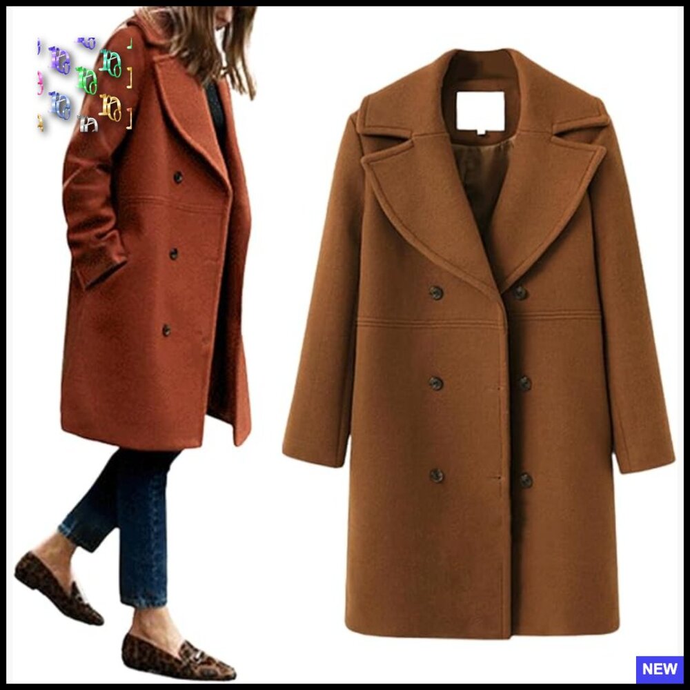 Wool Blend Pea Coat Double Breasted Notched Lapel Classic Elegant Trench